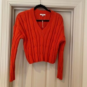 Madewell Orange V-Neck Cable Knit Sweater